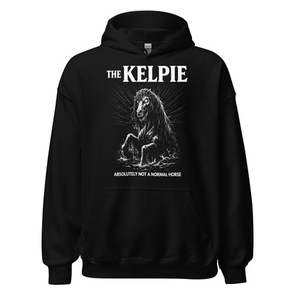 Kelpie folklore illustration hoodie on black with eerie water spirit artwork