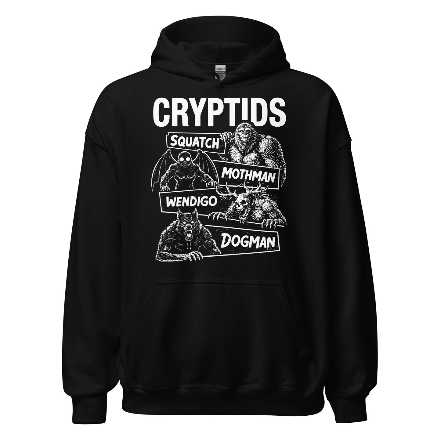 Black hoodie with white graphic design featuring cryptids on a white background