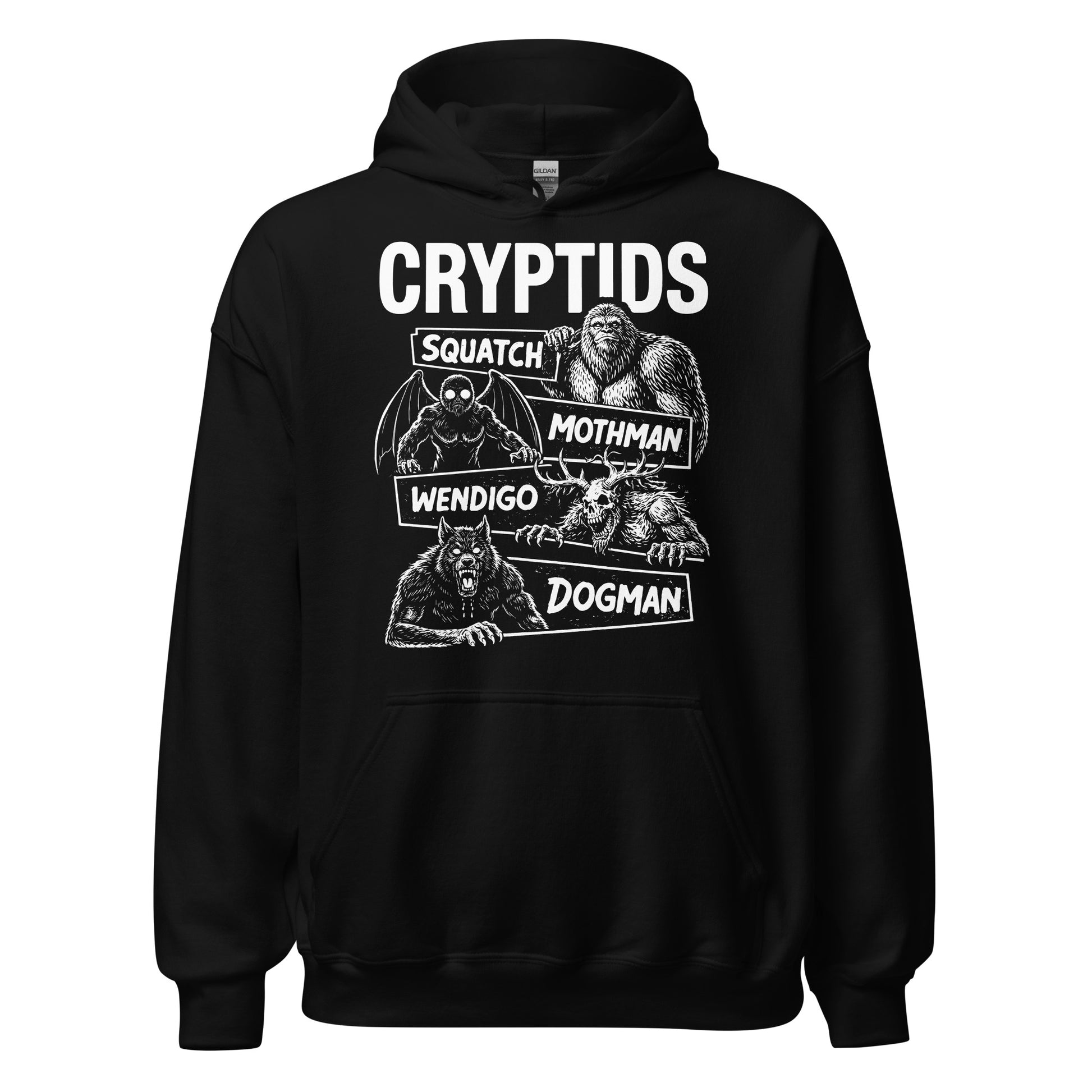 Black hoodie with white graphic design featuring cryptids on a white background