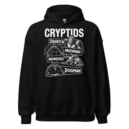 Black hoodie with white graphic design featuring cryptids on a white background