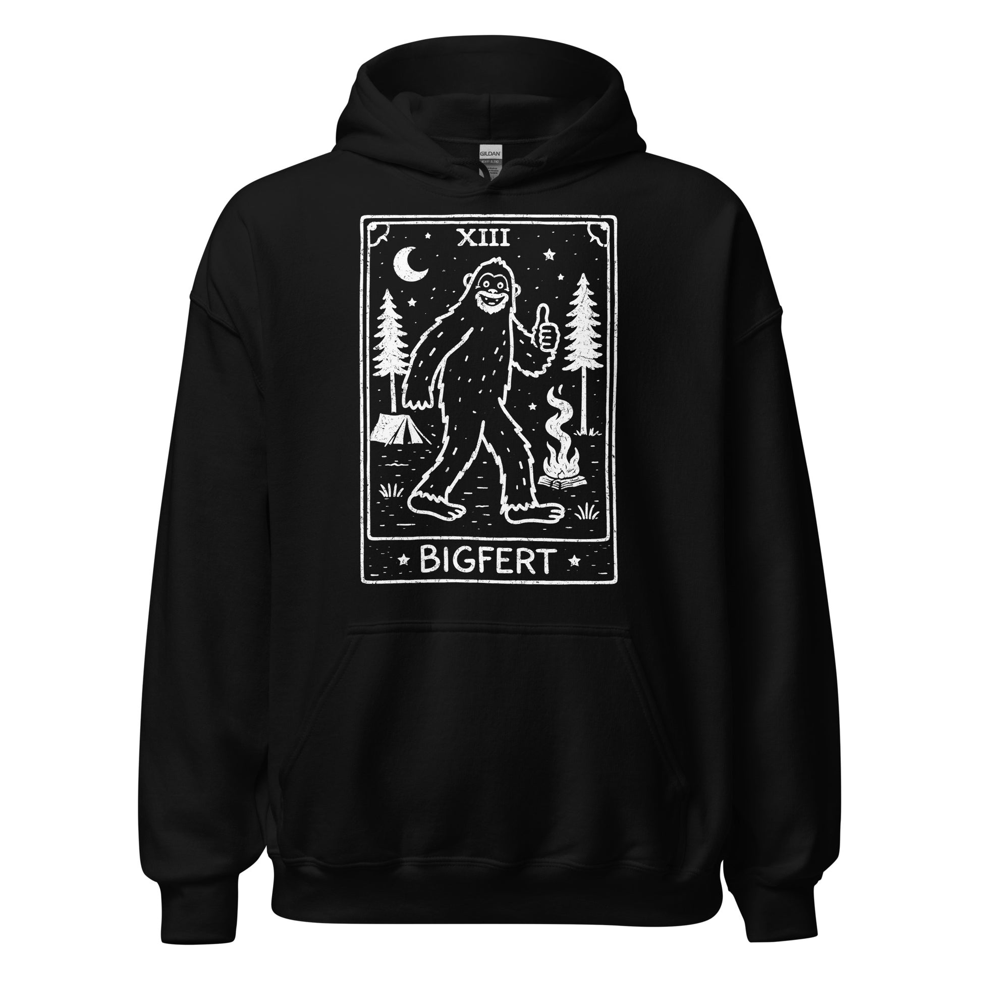 Black hoodie with a graphic of a bigfoot-like creature and text on a white background