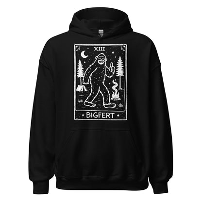 Black hoodie with a graphic of a bigfoot-like creature and text on a white background