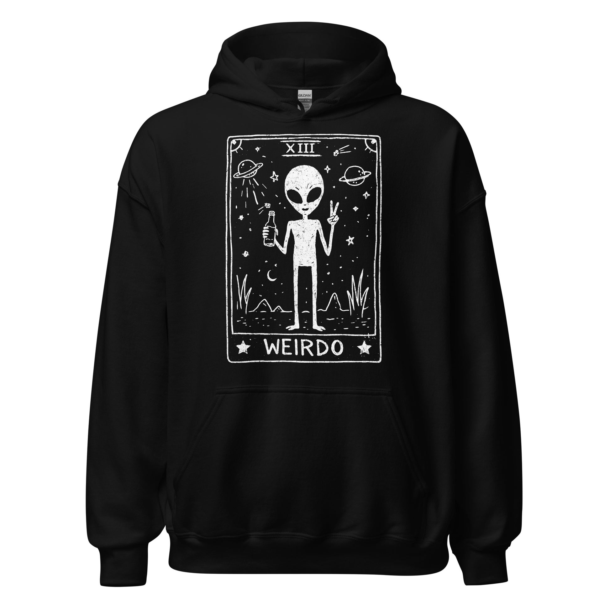Black hoodie with funny alien graphic and 'WEIRDO' text in a tarot card style on a white background