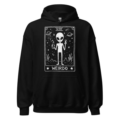 Black hoodie with funny alien graphic and 'WEIRDO' text in a tarot card style on a white background