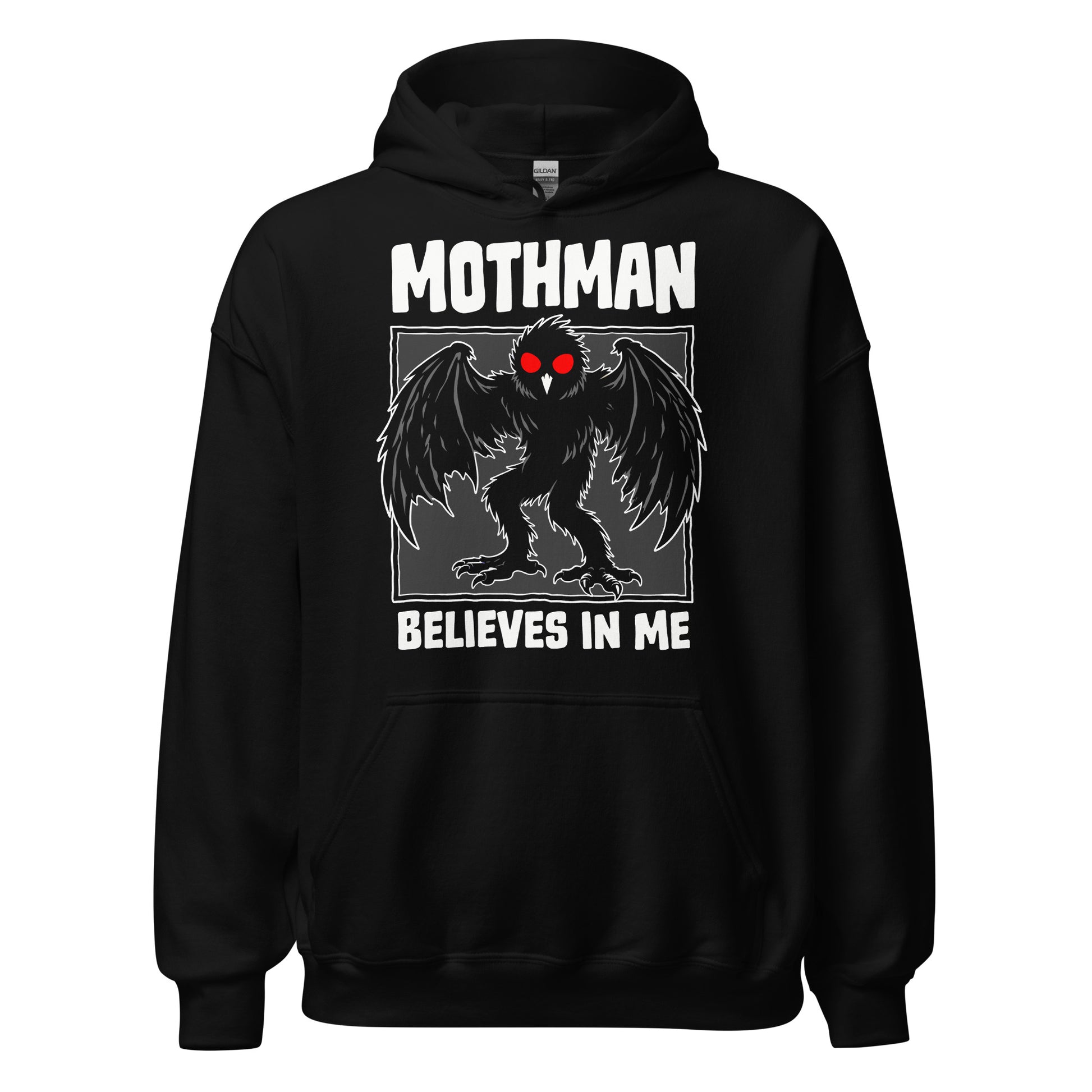 Black hoodie with Mothman cryptozoology  graphic and text 'Mothman believes in me' on a white background