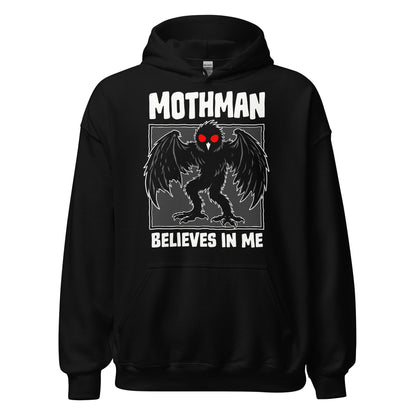 Black hoodie with Mothman cryptozoology  graphic and text 'Mothman believes in me' on a white background