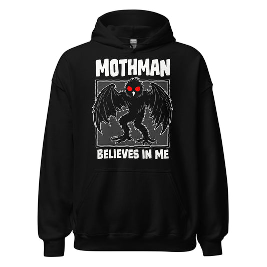 Black hoodie with Mothman cryptozoology  graphic and text 'Mothman believes in me' on a white background