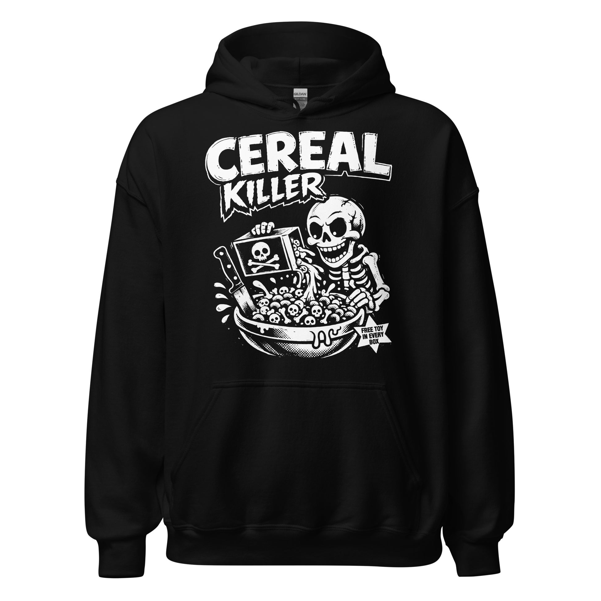 Black unisex hoodie with Cereal Killer skeleton horror graphic