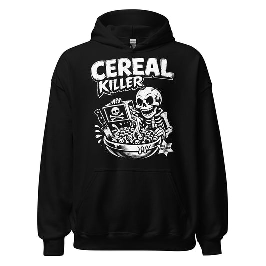 Black unisex hoodie with Cereal Killer skeleton horror graphic