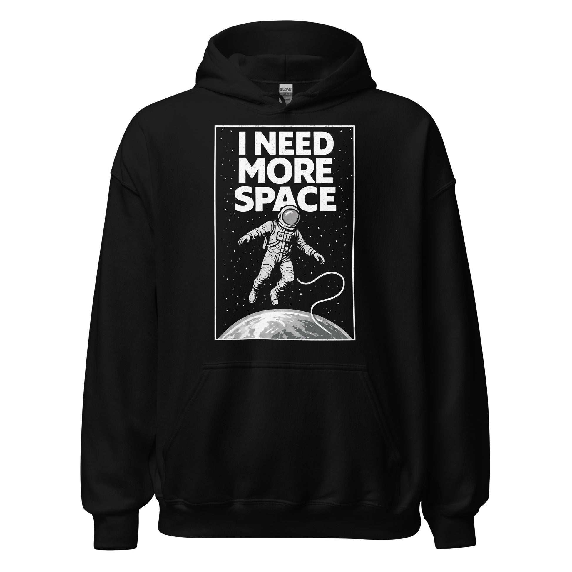 Front black hoodie showing I Need More Space astronaut graphic