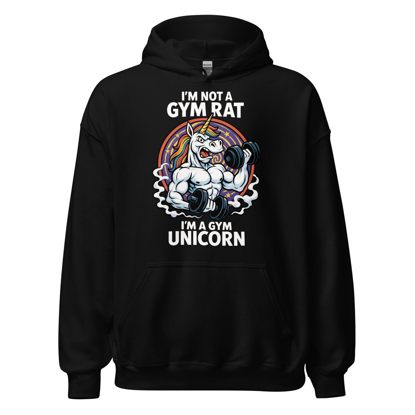 Front black hoodie with muscular unicorn lifting weights gym design