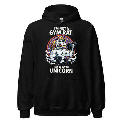 Front black hoodie with muscular unicorn lifting weights gym design
