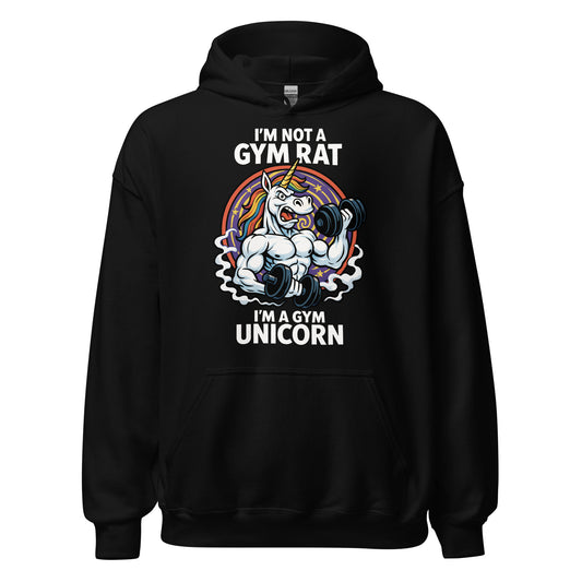 Front black hoodie with muscular unicorn lifting weights gym design