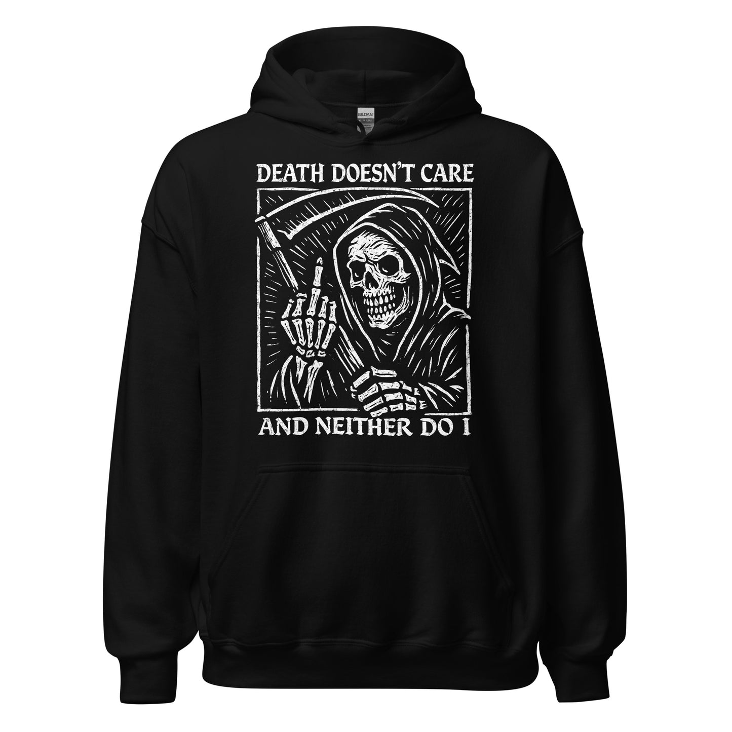 Black gothic hoodie with grim reaper skeleton and dark humour text