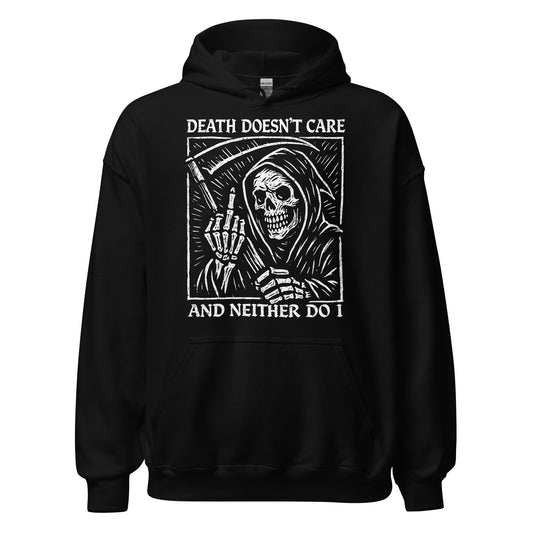 Black gothic hoodie with grim reaper skeleton and dark humour text