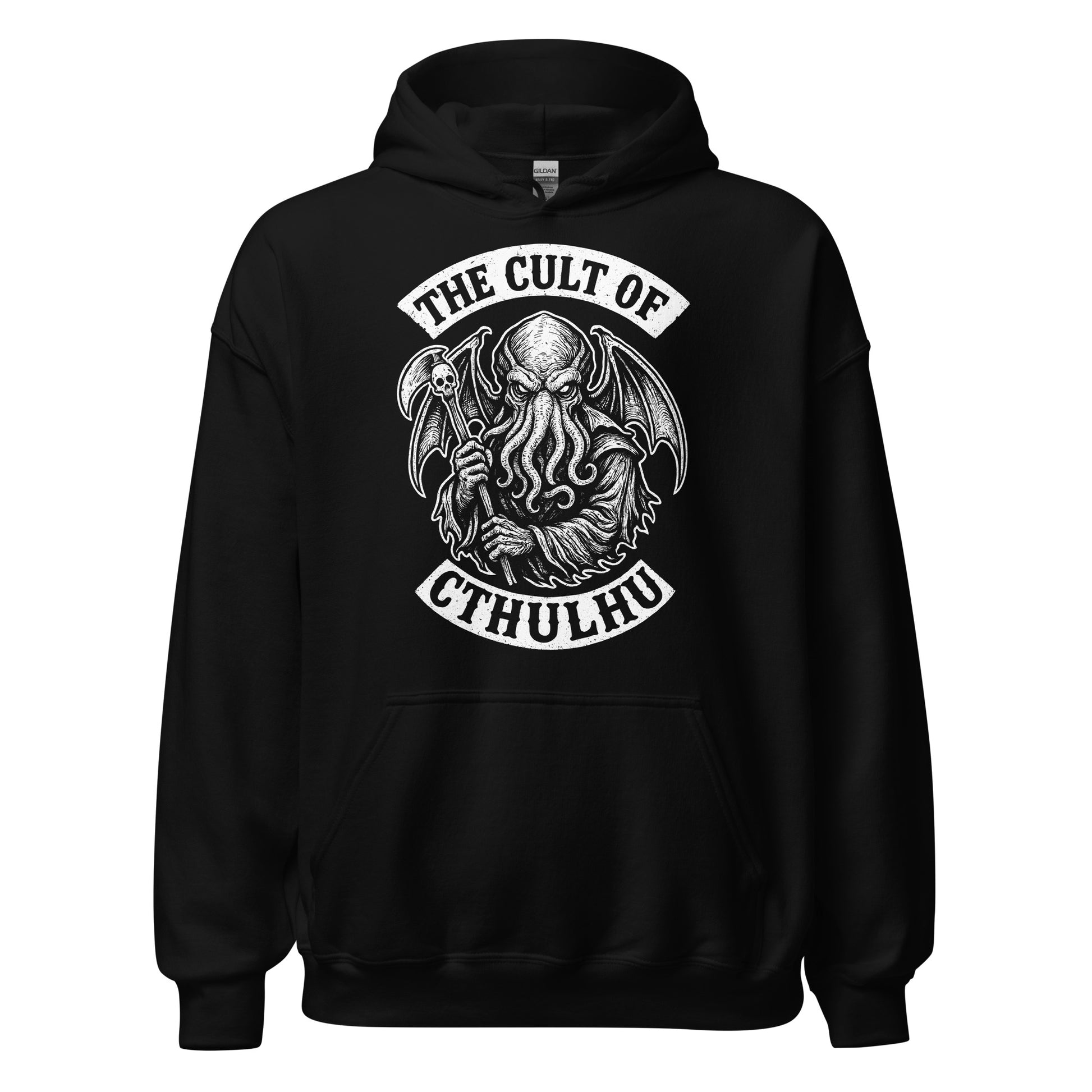 Black hoodie with Cult of Cthulhu cosmic horror illustration
