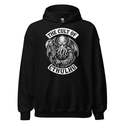 Black hoodie with Cult of Cthulhu cosmic horror illustration
