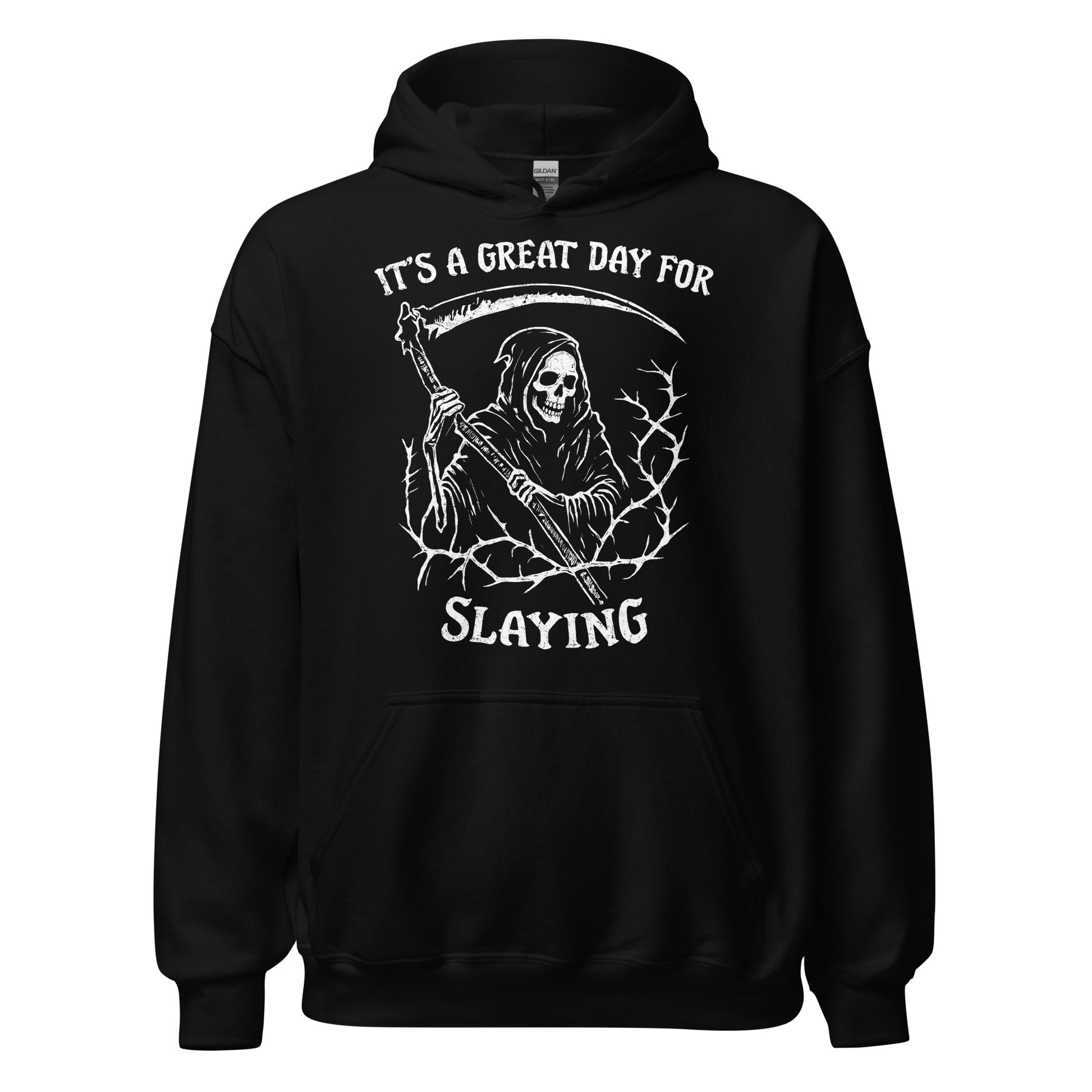 Front view black gothic hoodie with grim reaper slaying illustration
