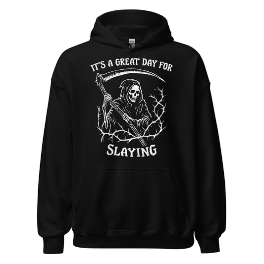 Front view black gothic hoodie with grim reaper slaying illustration