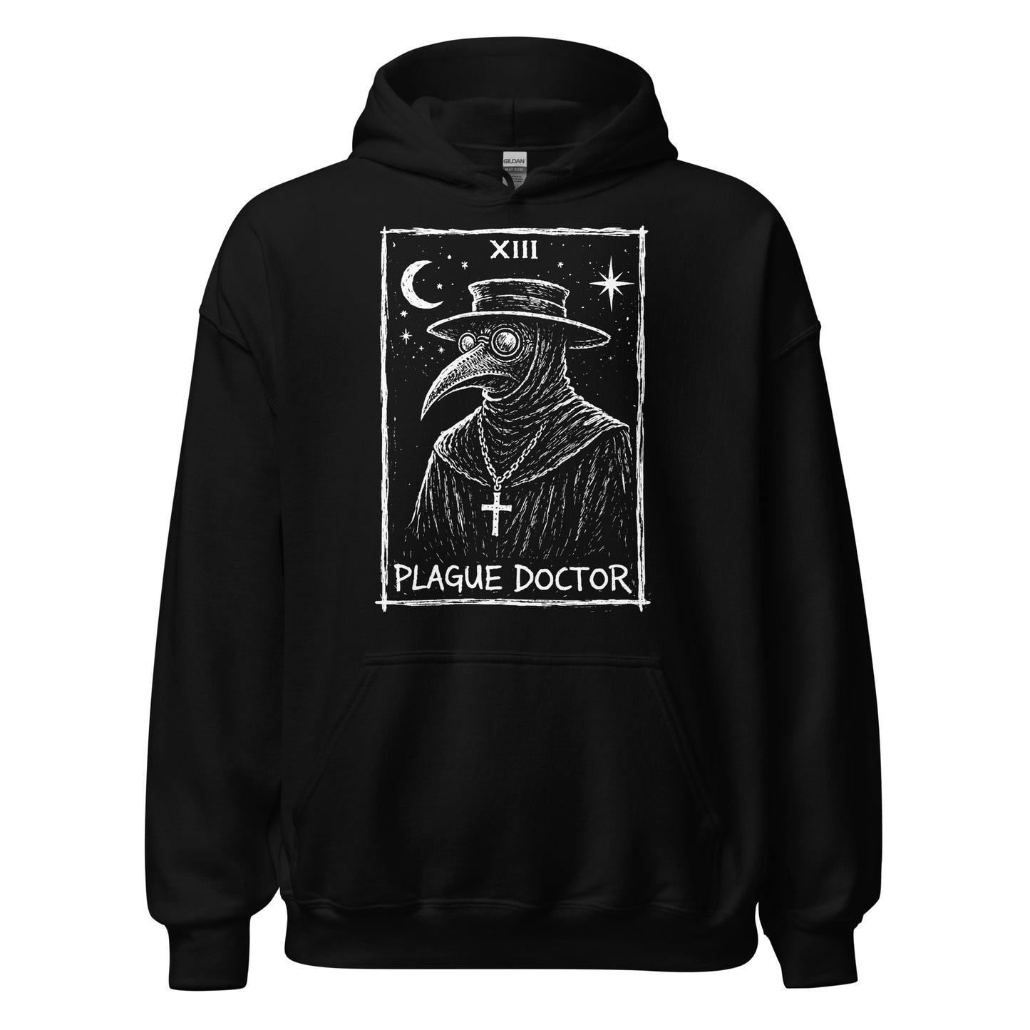 Plague Doctor tarot XIII gothic illustration on black hoodie