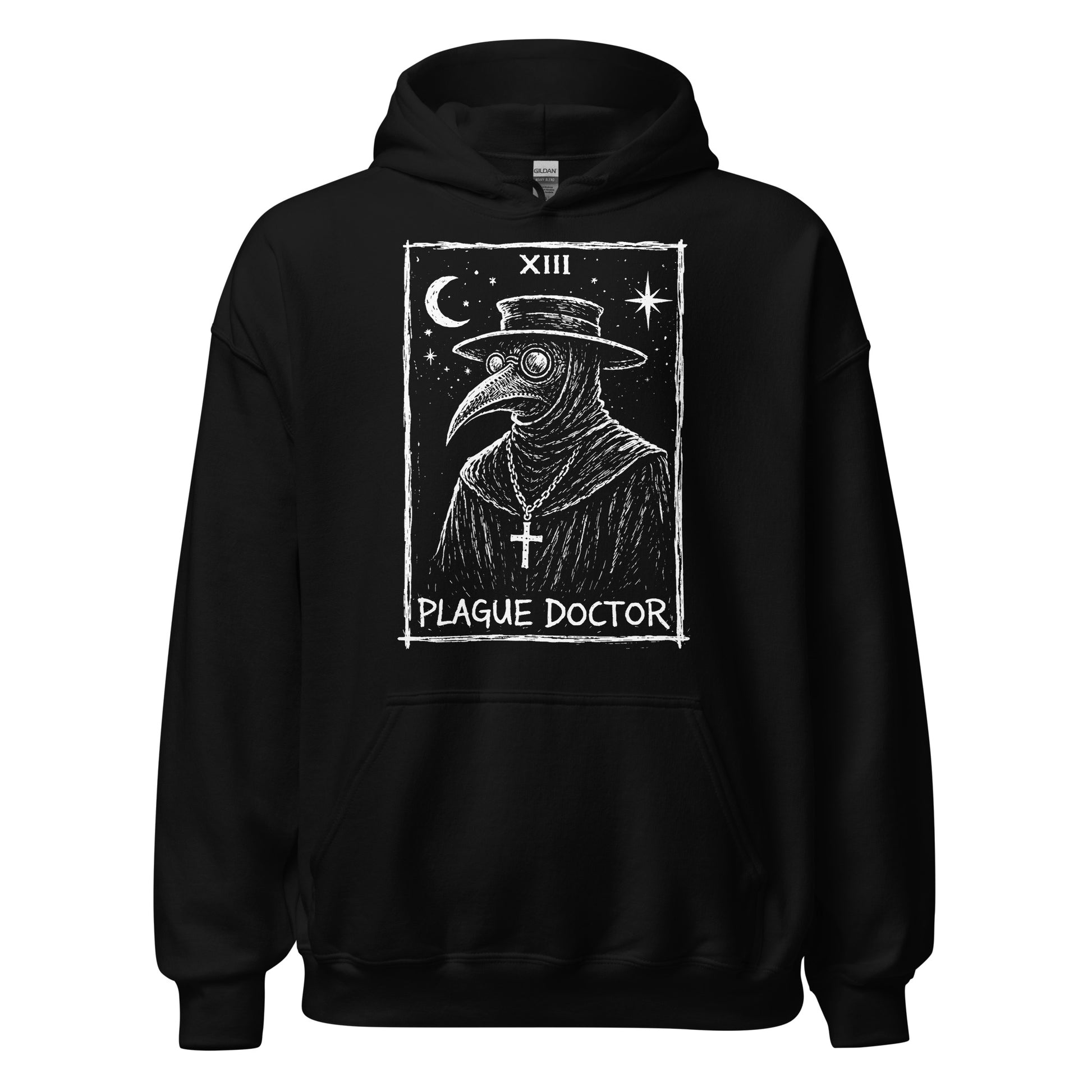 Plague Doctor tarot XIII gothic illustration on black hoodie