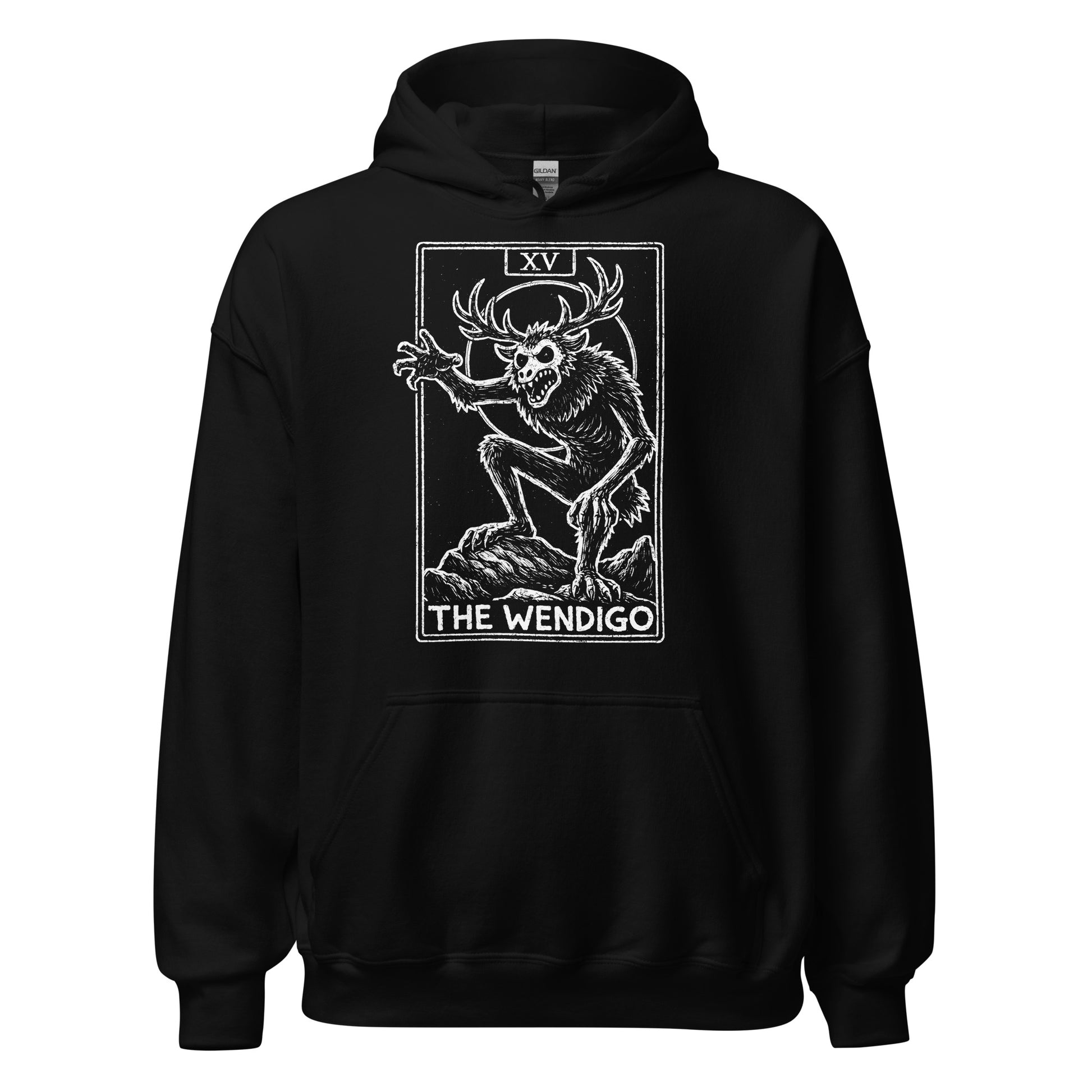 Wendigo tarot card cryptid illustration on black hoodie