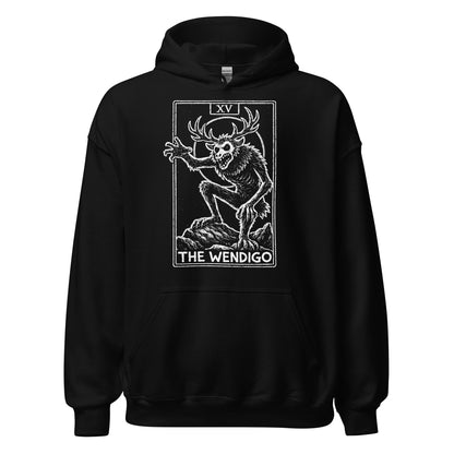 Wendigo tarot card cryptid illustration on black hoodie