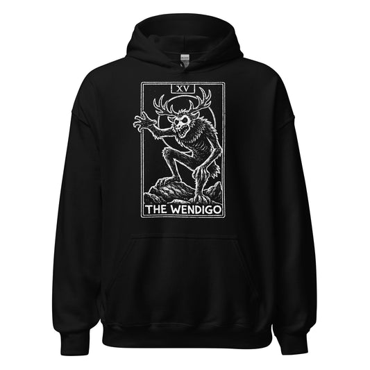 Wendigo tarot card cryptid illustration on black hoodie