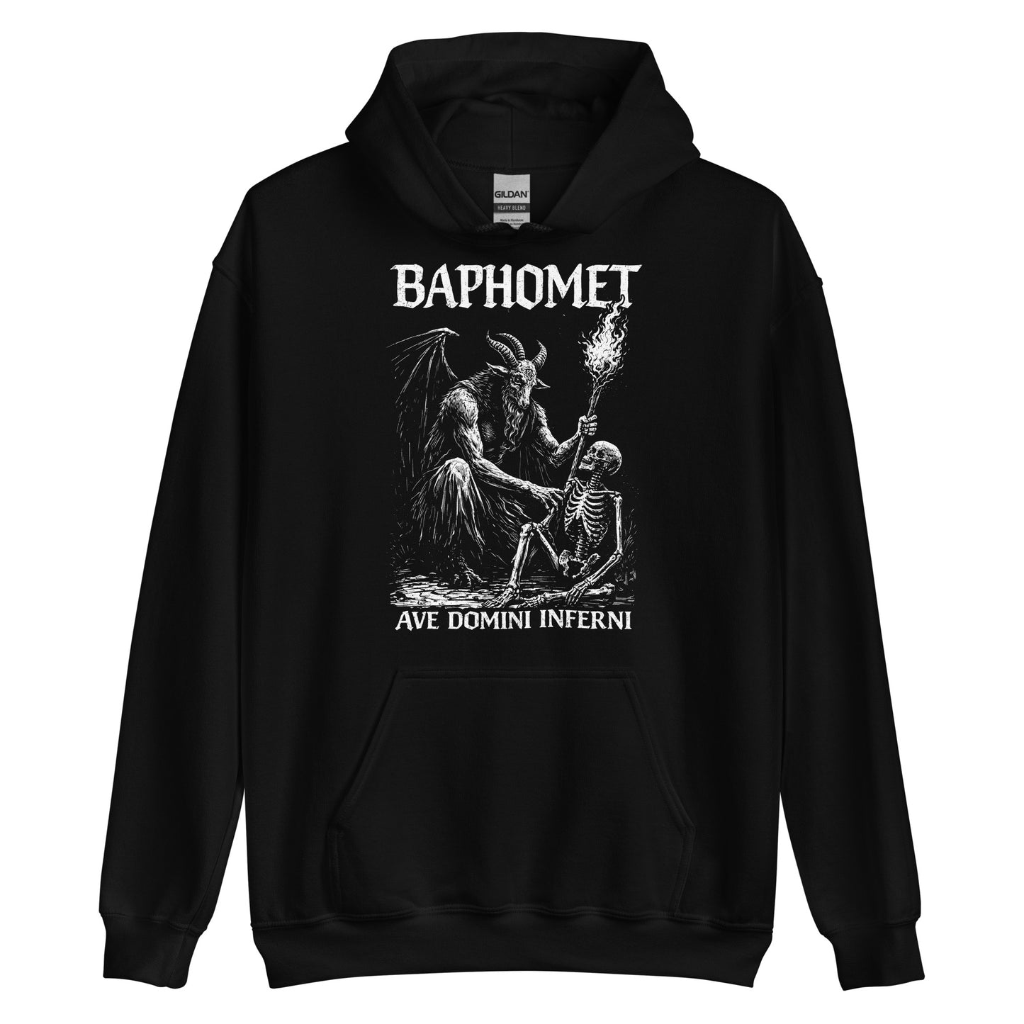 Front view black hoodie featuring gothic Baphomet ritual artwork and infernal symbolism