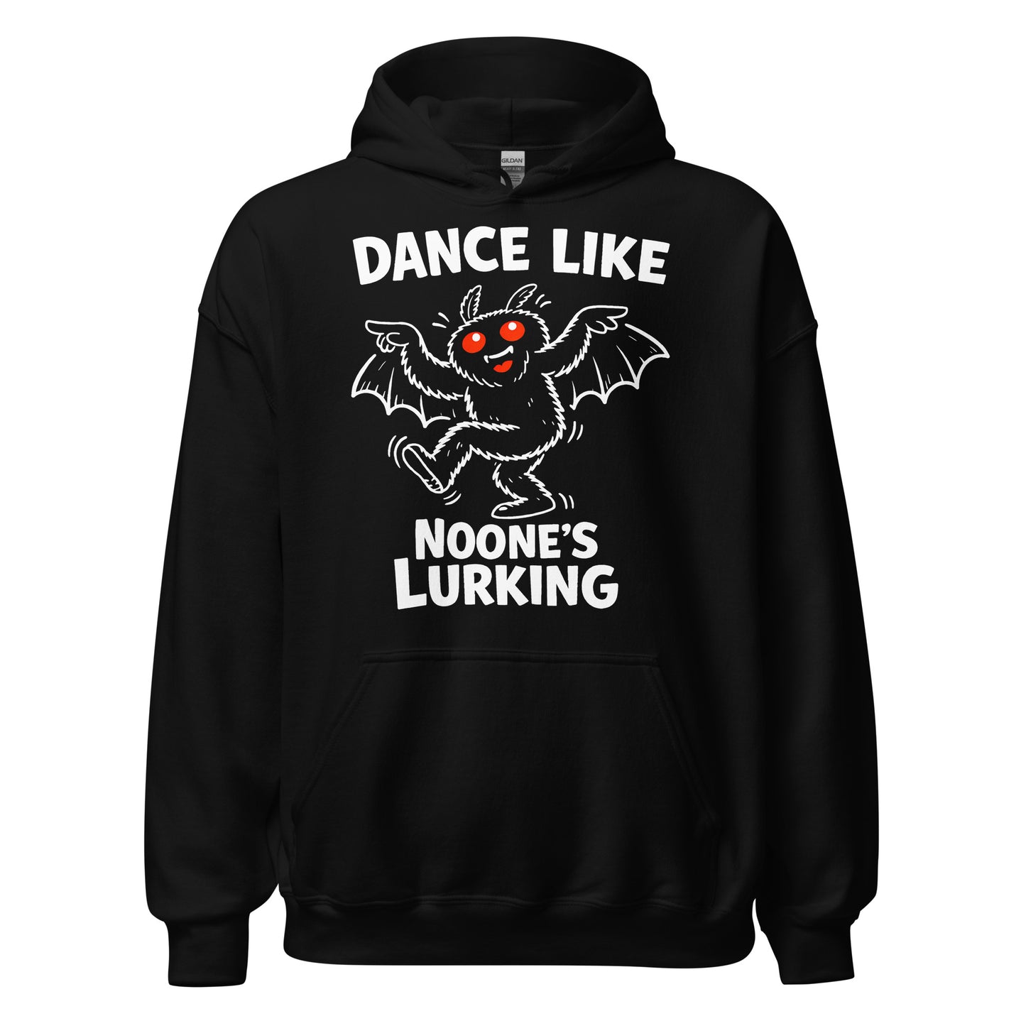 Front view of black hoodie featuring dancing Mothman illustration with Dance Like Noone’s Lurking text