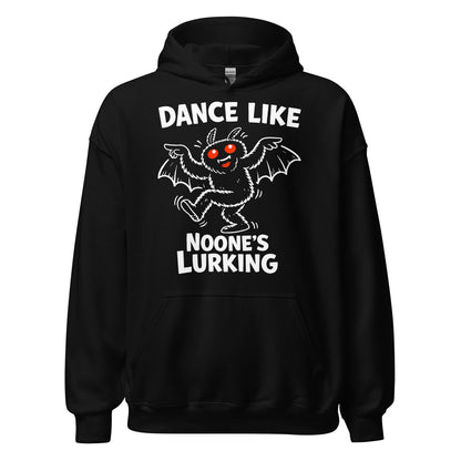 Front view of black hoodie featuring dancing Mothman illustration with Dance Like Noone’s Lurking text