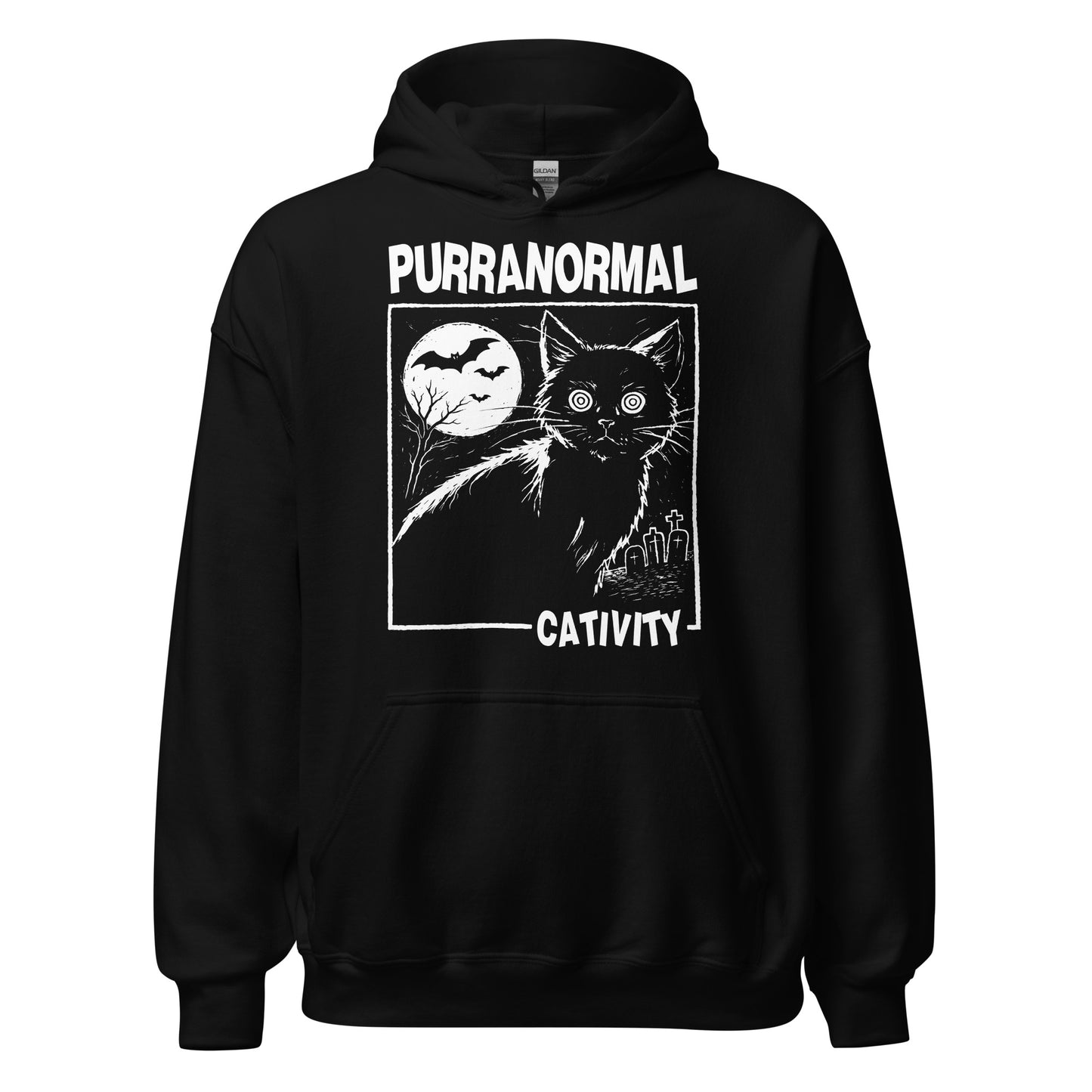 Spooky Purranormal Cativity paranormal cat hoodie on black featuring wide eyed gothic cat with moon bats and graveyard
