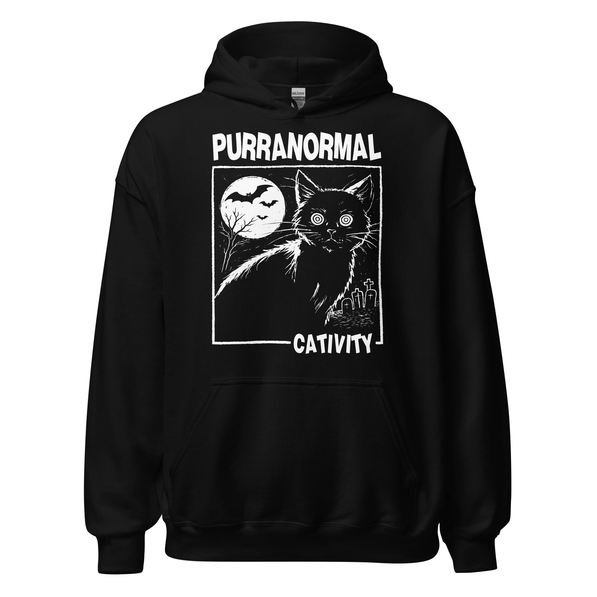 Spooky Purranormal Cativity paranormal cat hoodie on black featuring wide eyed gothic cat with moon bats and graveyard