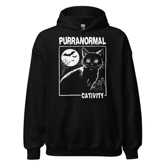 Spooky Purranormal Cativity paranormal cat hoodie on black featuring wide eyed gothic cat with moon bats and graveyard