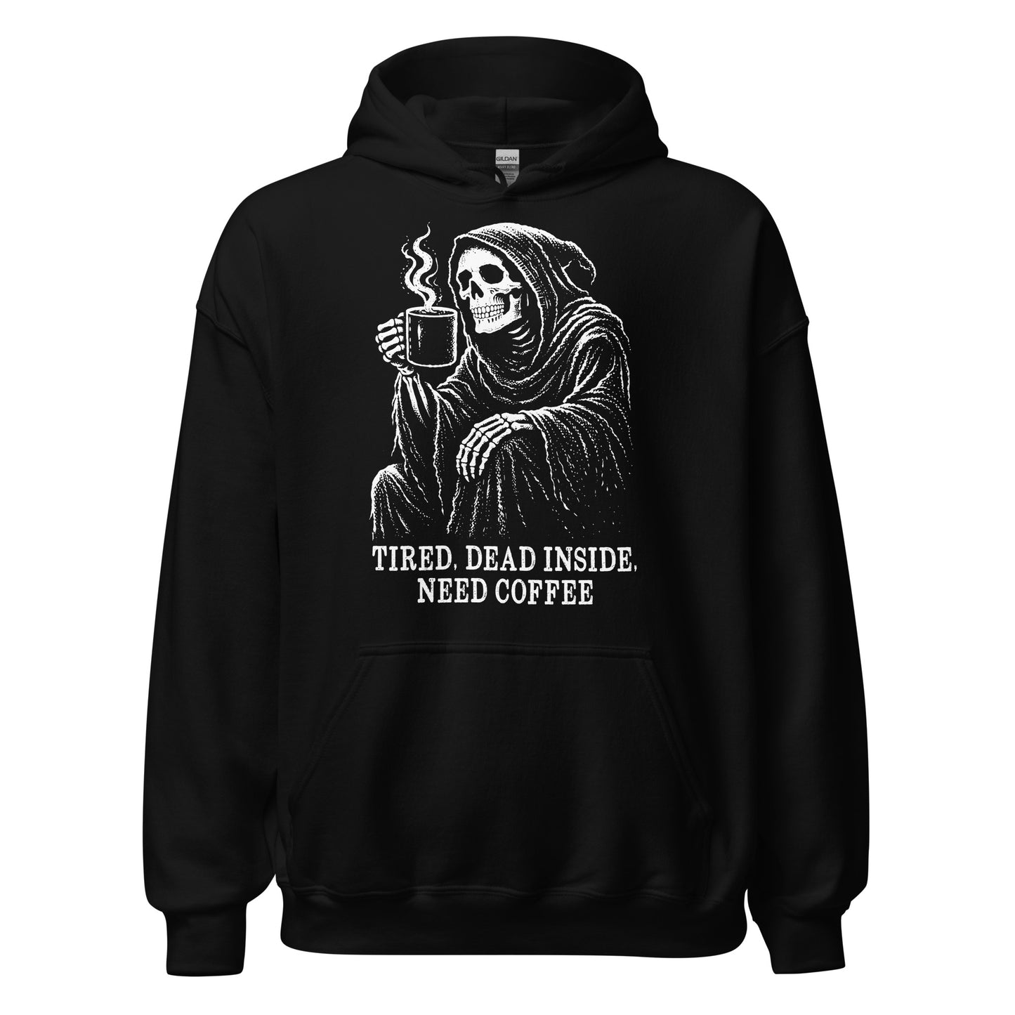 Gothic skeleton coffee hoodie on black showing hooded grim reaper holding steaming mug in distressed horror art