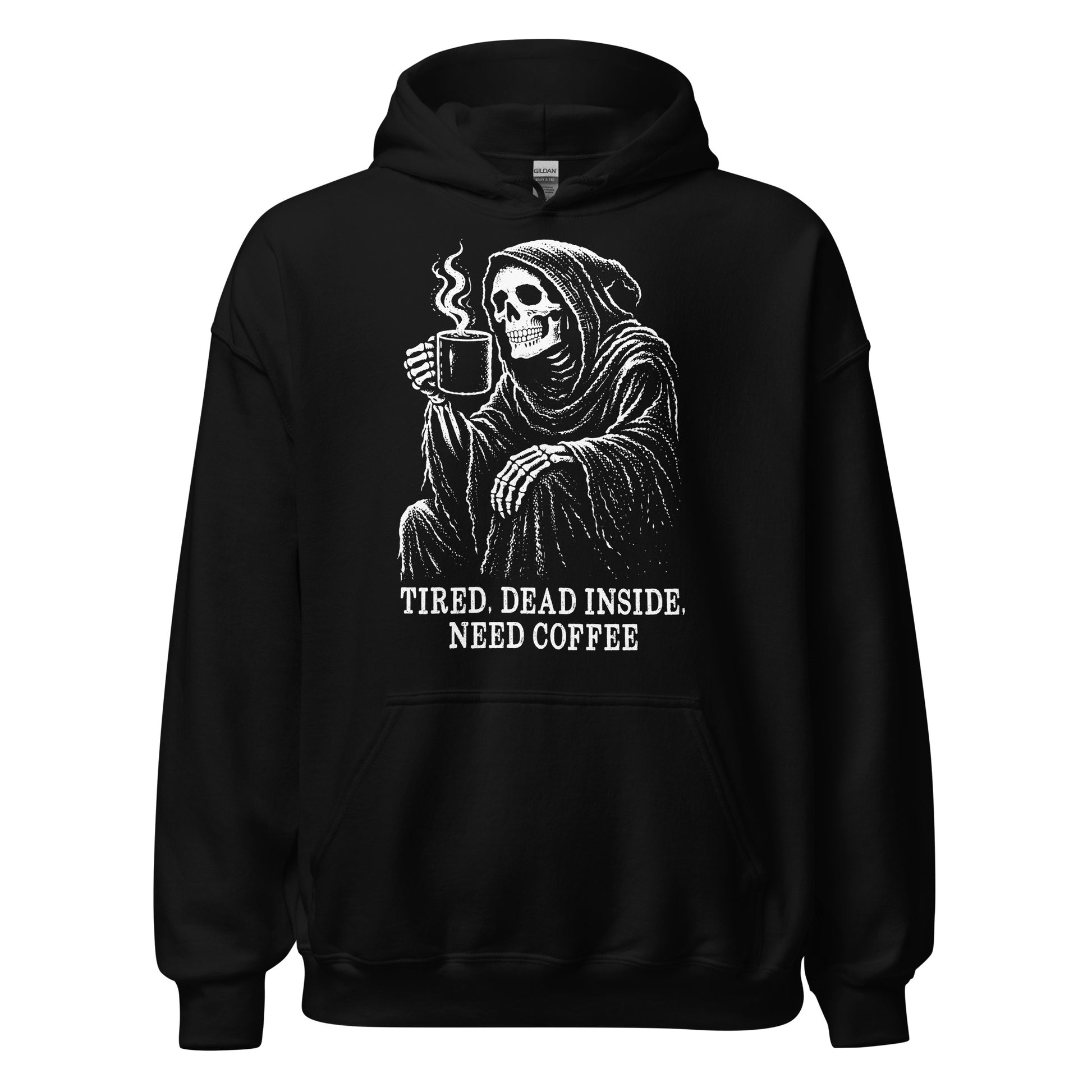 Gothic skeleton coffee hoodie on black showing hooded grim reaper holding steaming mug in distressed horror art