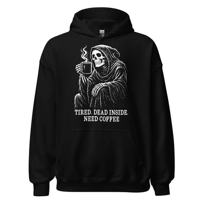 Gothic skeleton coffee hoodie on black showing hooded grim reaper holding steaming mug in distressed horror art