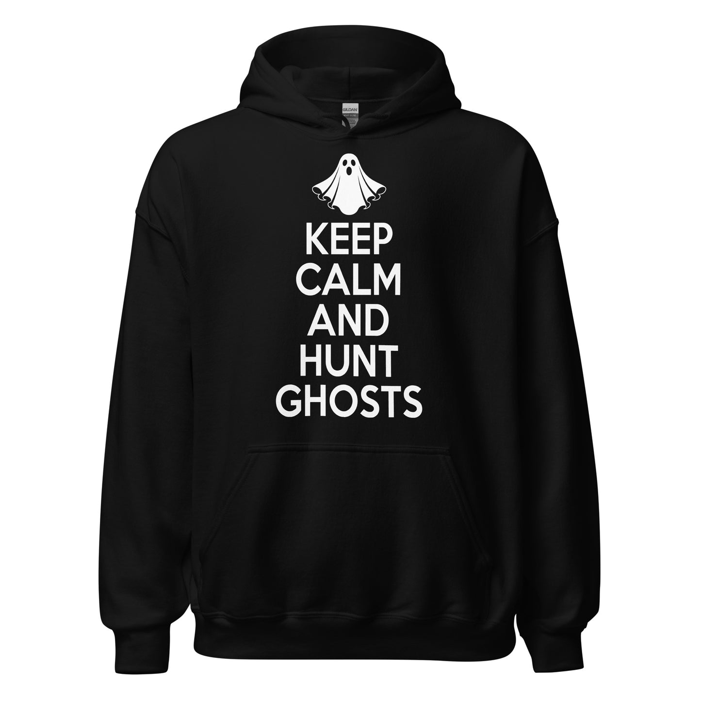 Keep Calm And Hunt Ghosts paranormal hoodie on black with bold white slogan and simple ghost symbol
