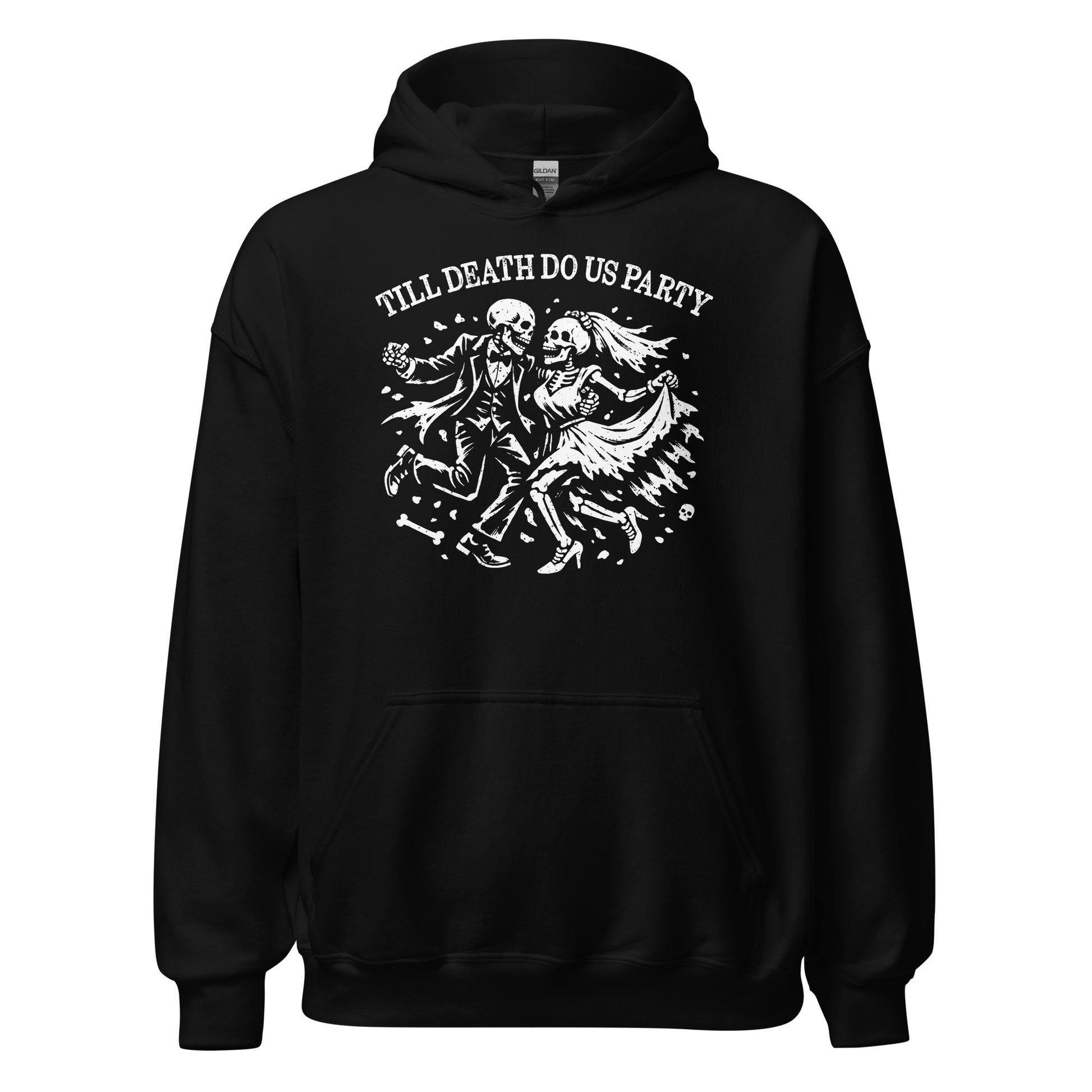 Till Death Do Us Party skeleton love hoodie on black showing dancing bride and groom skeleton illustration