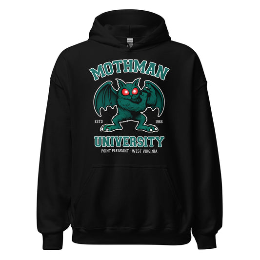 Mothman University cryptid folklore hoodie on black featuring winged mothman mascot with glowing red eyes