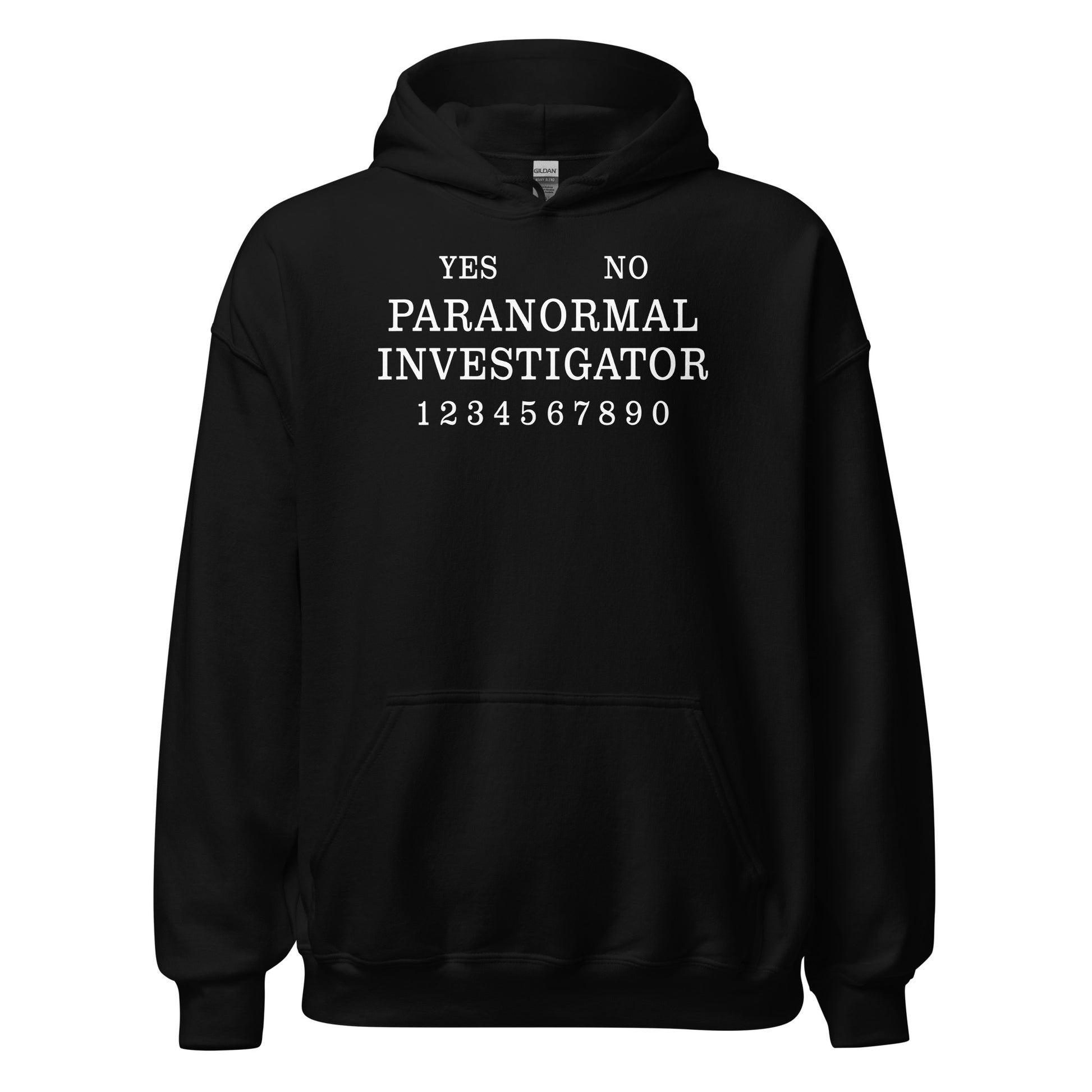 Paranormal investigator hoodie on black featuring spirit board inspired text layout and investigation symbols