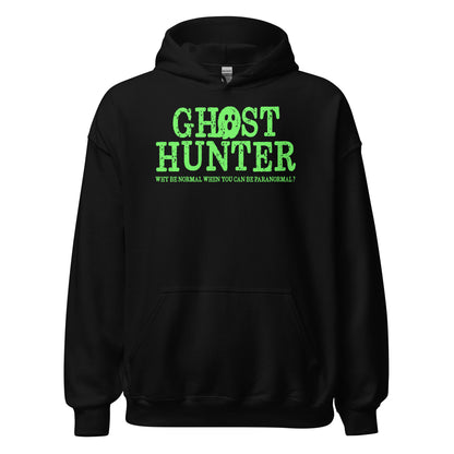 Ghost Hunter paranormal statement hoodie on black with bright green supernatural typography