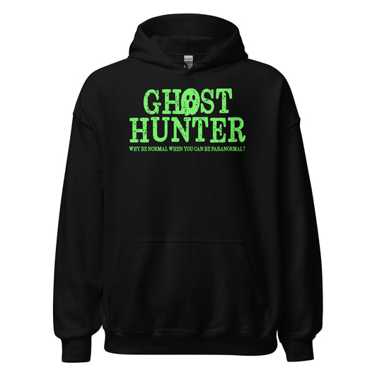 Ghost Hunter paranormal statement hoodie on black with bright green supernatural typography