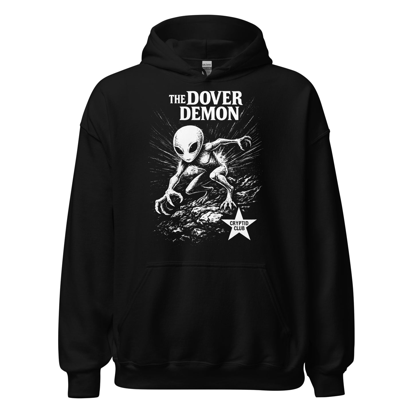 The Dover Demon cryptid hoodie on black featuring eerie humanoid creature illustration