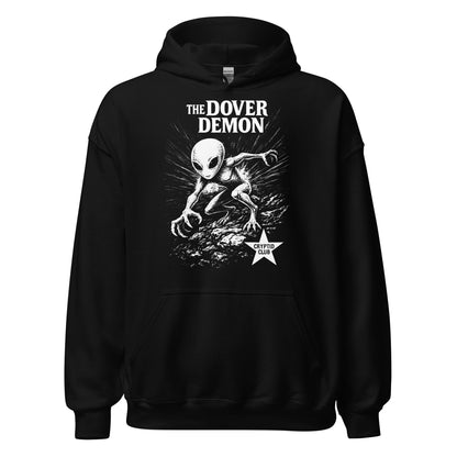 The Dover Demon cryptid hoodie on black featuring eerie humanoid creature illustration
