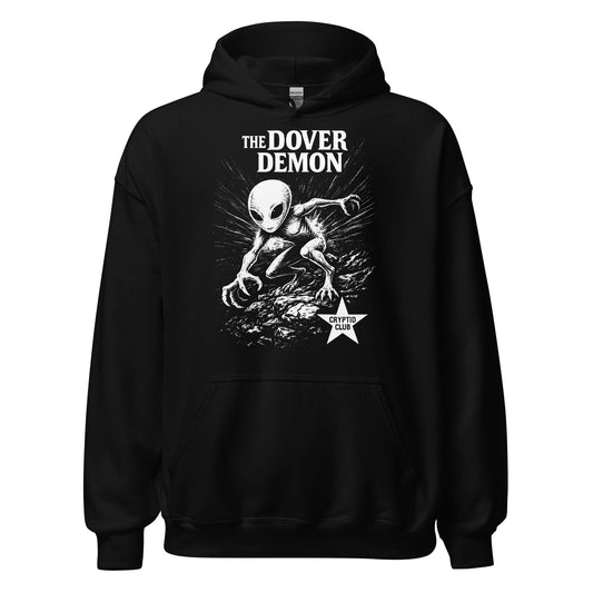 The Dover Demon cryptid hoodie on black featuring eerie humanoid creature illustration