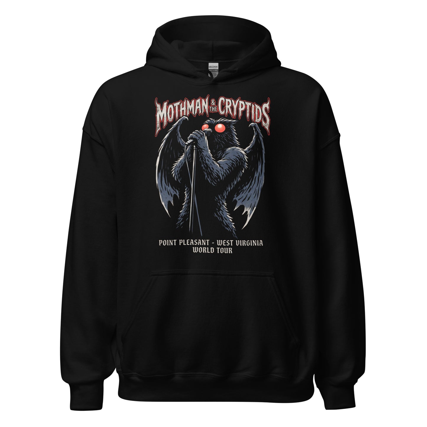Mothman cryptid hoodie on black featuring winged creature singing into microphone