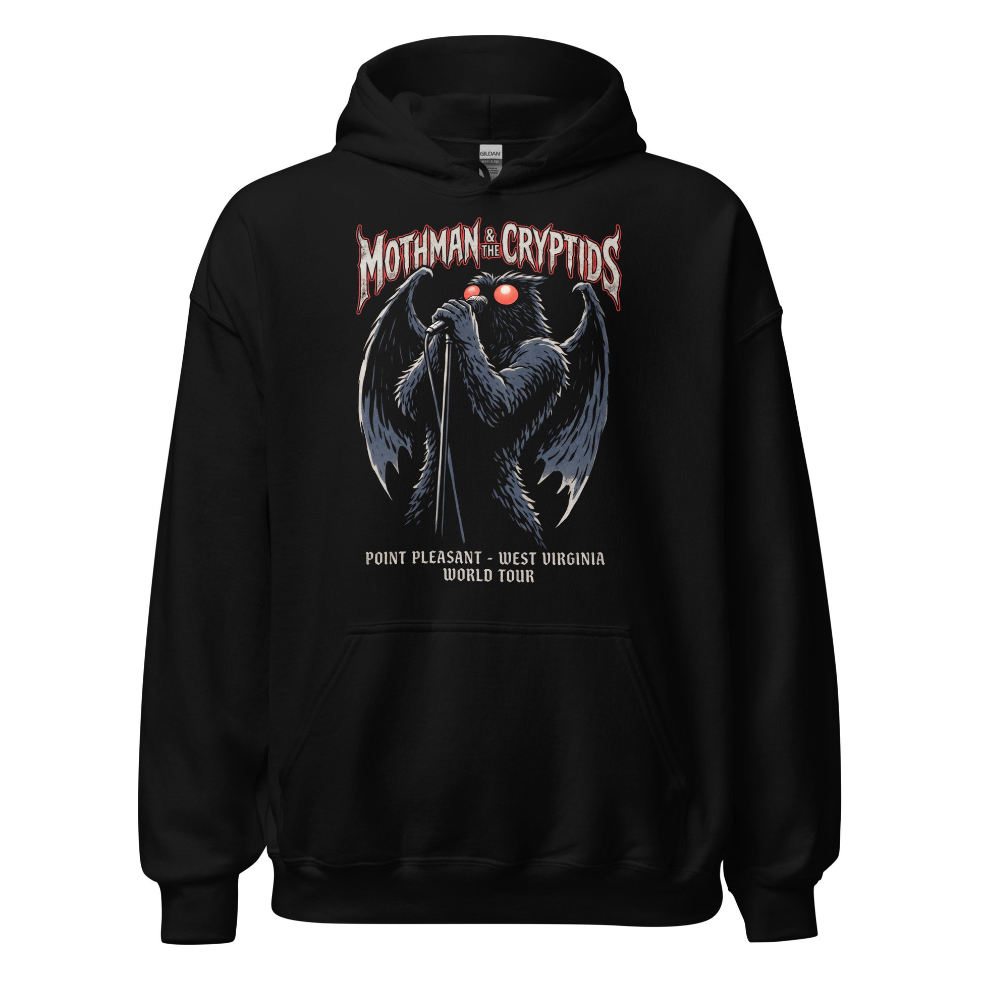 Mothman cryptid hoodie on black featuring winged creature singing into microphone