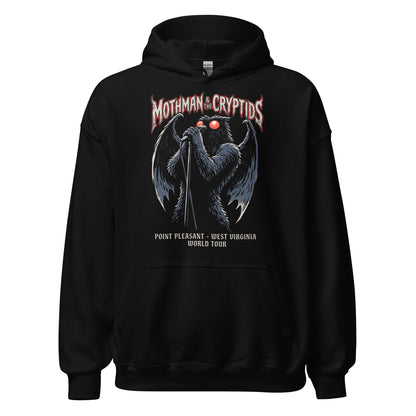 Mothman cryptid hoodie on black featuring winged creature singing into microphone