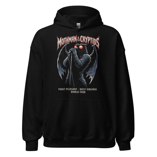 Mothman cryptid hoodie on black featuring winged creature singing into microphone